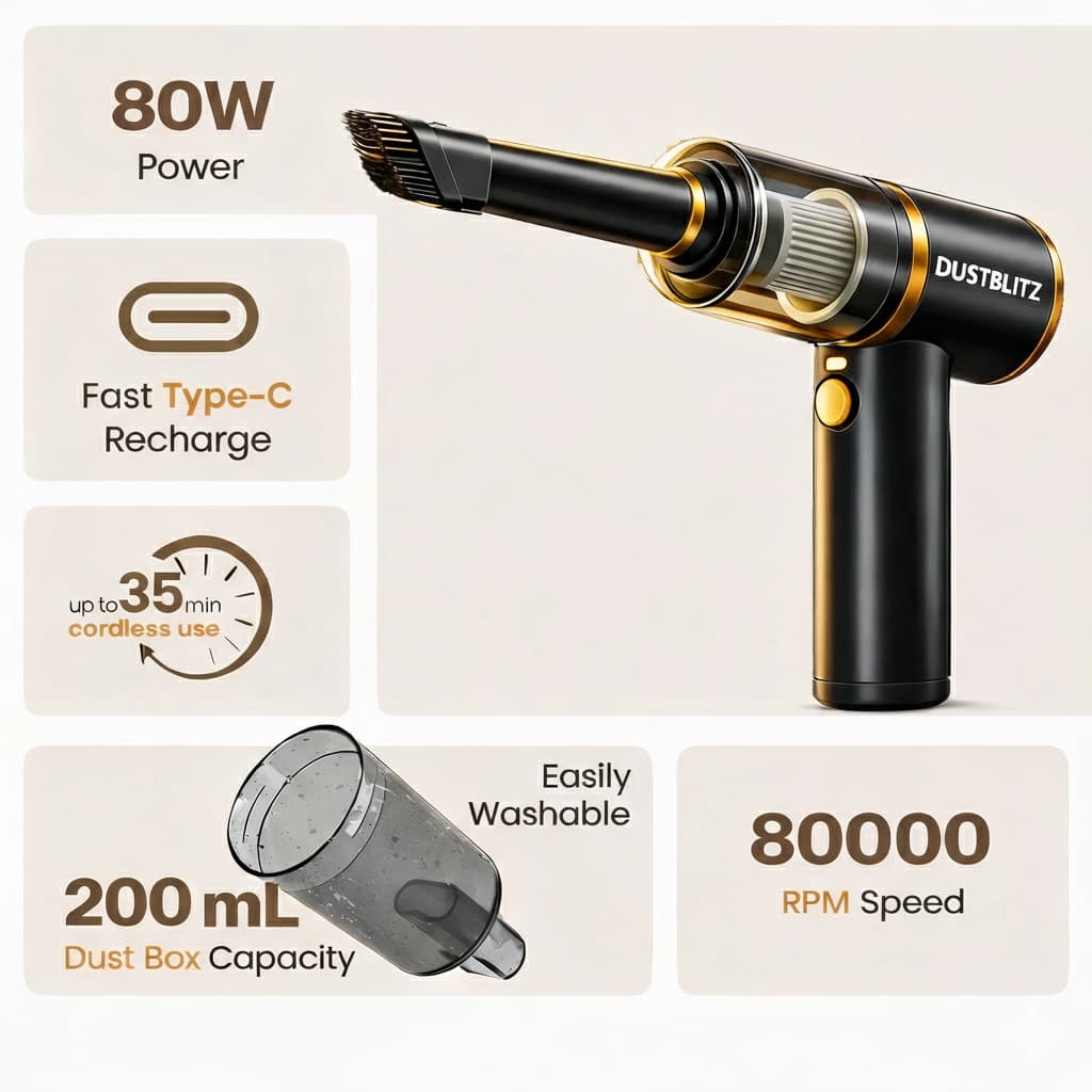 DustBlitz™ Cordless Portable Rechargeable Vacuum — Deep Cleans Car & Home in Seconds